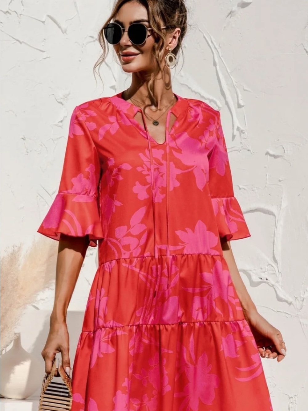 QINCAO Floral Tiered Dress Medium M Red Pink Ruffle Sleeve V-Neck Babydoll Mini